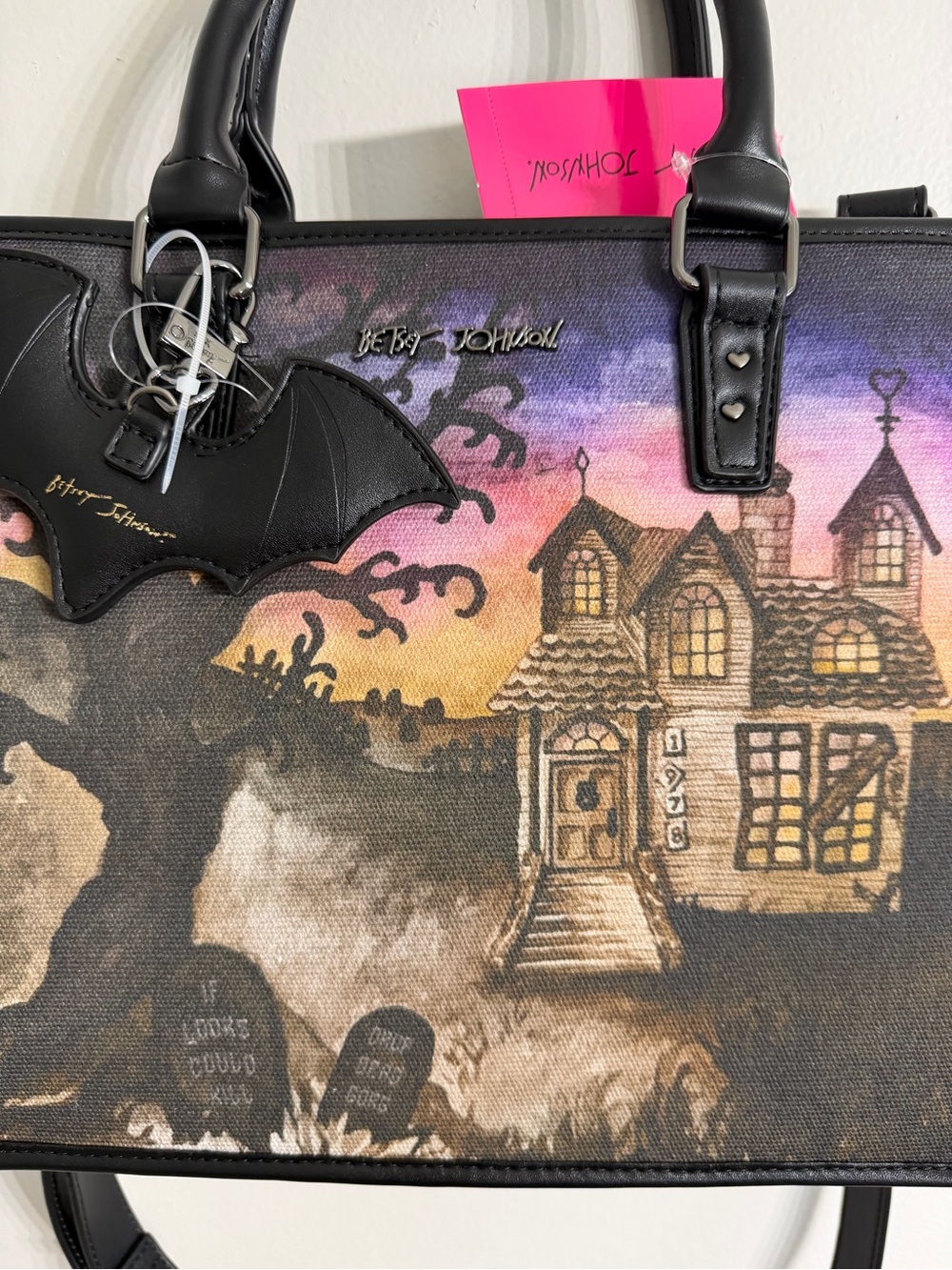 NWT Betsey Johnson Haunted House Tote Bag Halloween Satchel Purse with Bat Charm - Picture 2 of 8